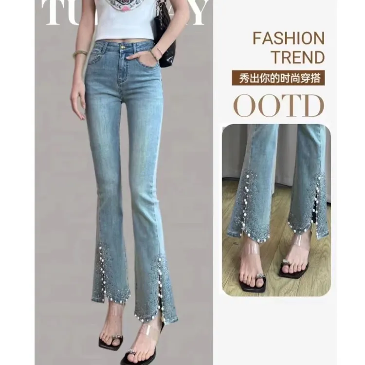 品质女装九分牛仔女高腰显瘦显腿长开衩喇叭裤重工烫钻钉珠设计裤