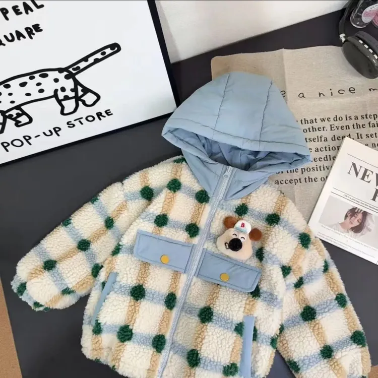 儿童外套加绒加厚2025玩偶新款夹棉连帽毛毛宝宝秋冬男宝保暖女宝