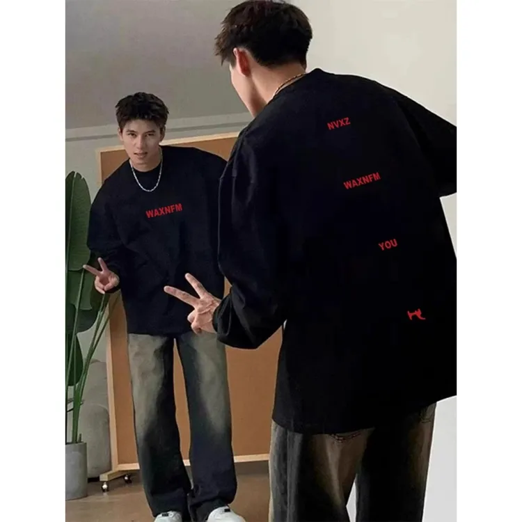 280g重磅纯棉长袖T恤男美式小众原创字母秋宽松百搭潮流痞帅上衣