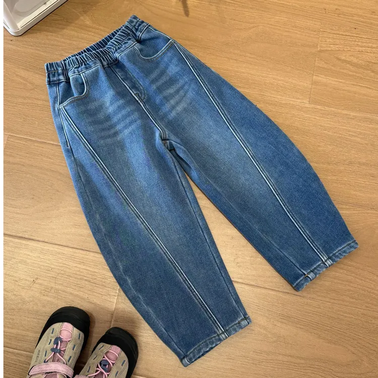 儿童加绒加厚牛仔裤中大童亲子秋冬款宽松休闲弯刀裤长裤1510