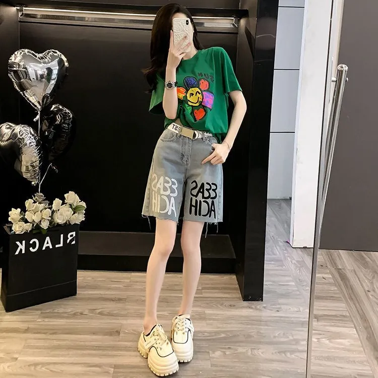 【新中式服装甄选】短裤时尚套装2025年夏季新款绿色圆领宽松显瘦