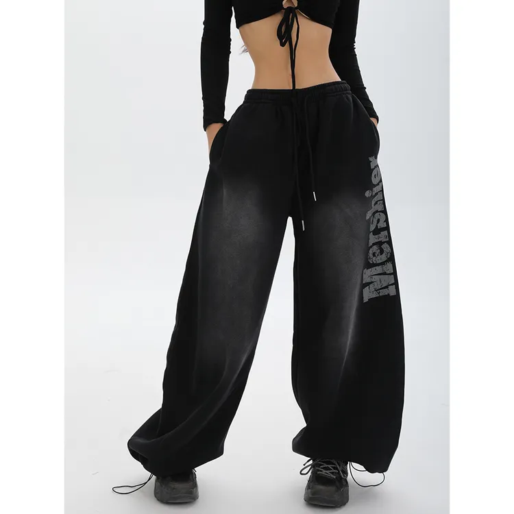 美式水洗复古街头风喷漆宽松直筒阔腿卫裤男女爵士舞裤秋冬加厚