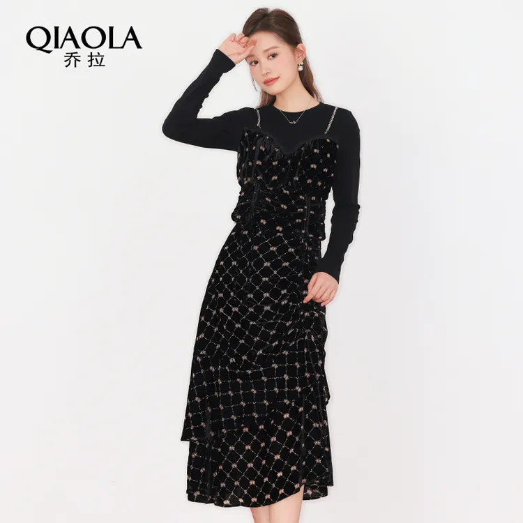 QIAOLA/乔拉【墨蝶舞步】秋季平绒烧花碎花假两件轻奢时尚套装预售