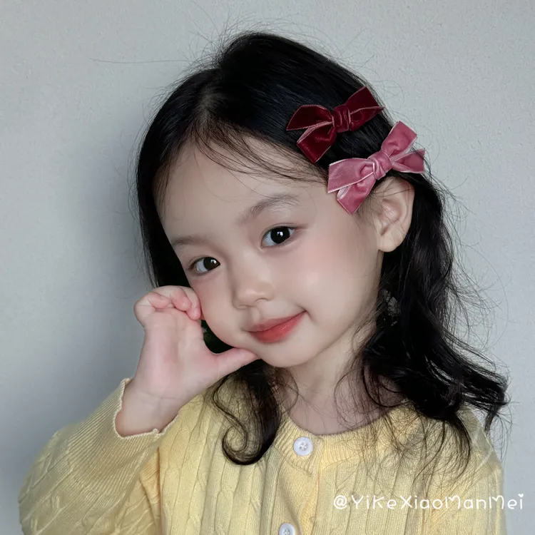 经典主义 撞色丝绒蝴蝶结儿童发夹女童秋冬款刘海夹宝宝边夹发饰