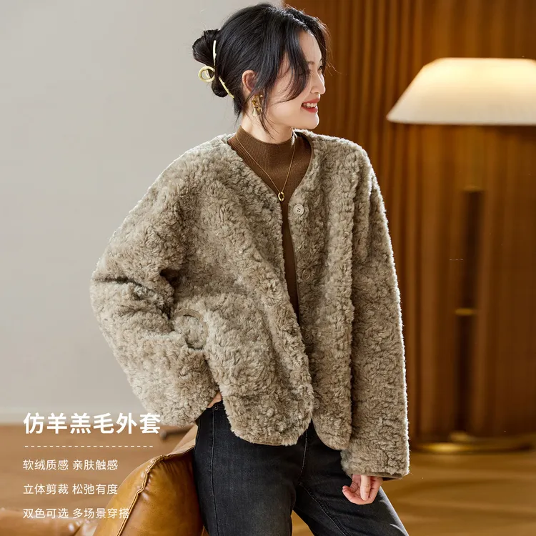 双面绒保暖外套女秋冬季新款毛呢外套上衣时尚仿羊羔皮毛圆领大衣