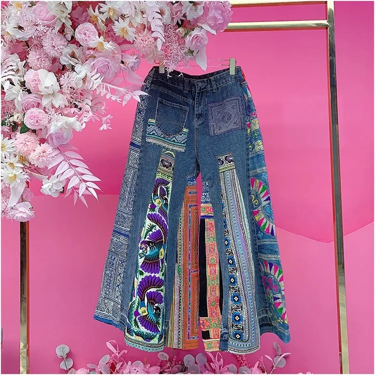 X22196泰国潮牌设计师2025春夏新款重工拼接刺绣民族风阔腿牛仔裤