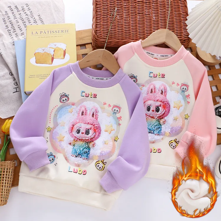 女童加绒卫衣冬季儿童学校加厚加绒卫衣女孩紫一体绒圆领厚上衣棉