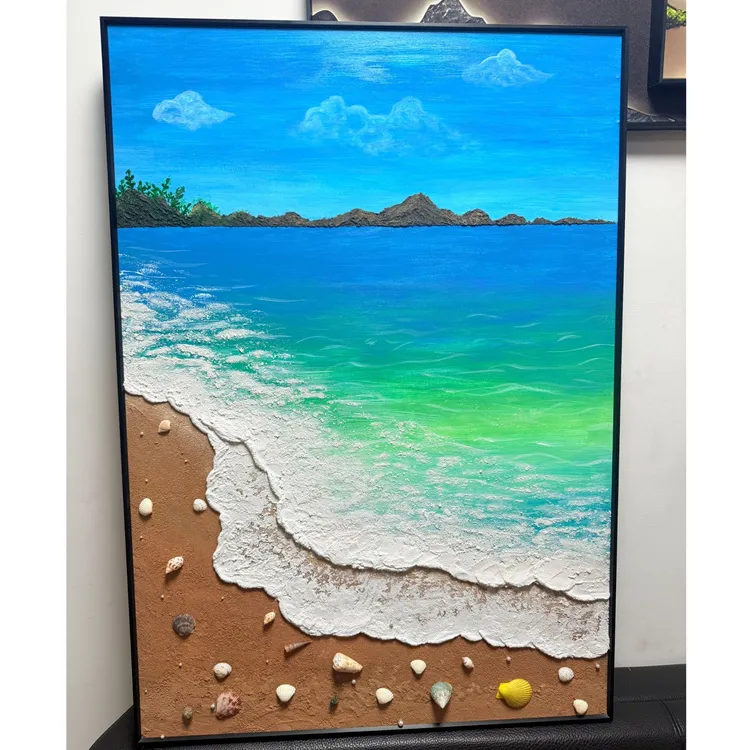 原创极简艺术肌理蓝色沙滩海浪立体砂岩装饰画沙发落地客厅装饰画
