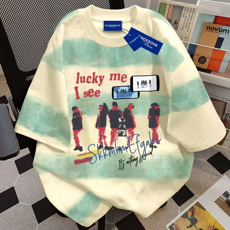 100%纯棉美式休闲短袖t恤男女夏季扎染渐变条纹宽松圆领情侣上衣