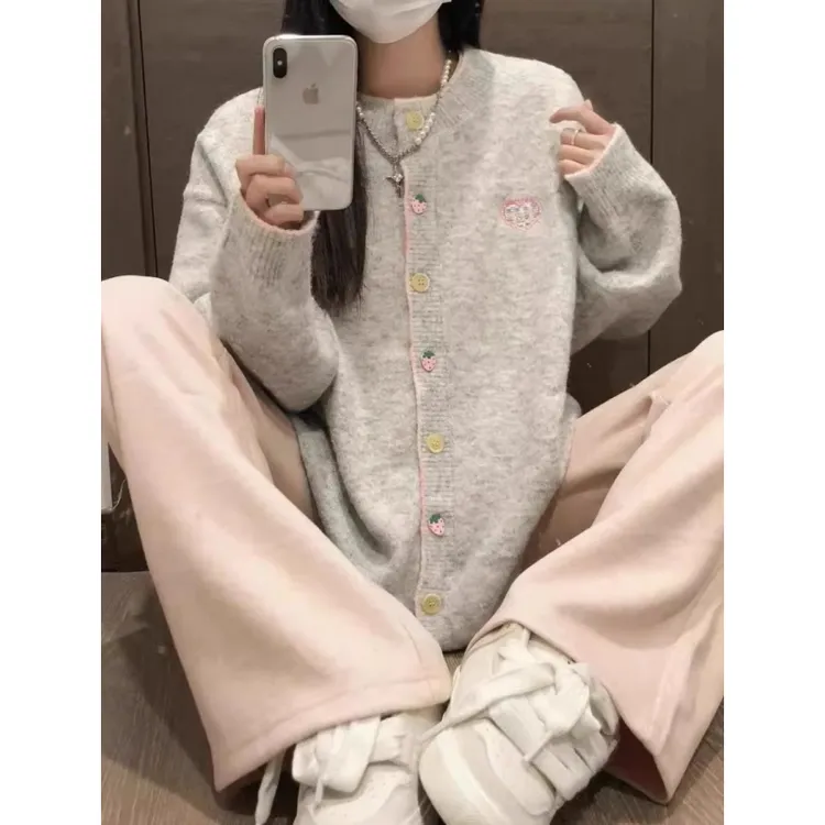 韩系学院风灰色软糯毛衣女秋冬加厚宽松慵懒针织开衫显瘦长袖外套