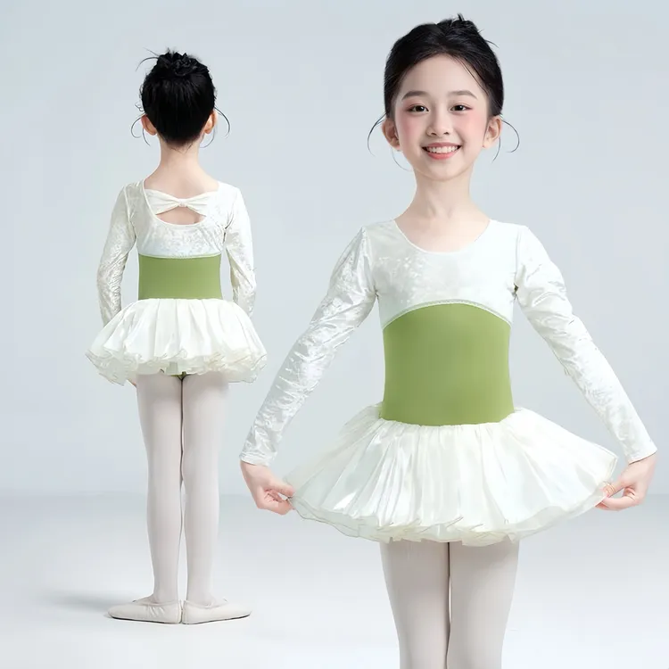 儿童舞蹈服秋冬长袖芭蕾练功服女童拼绒撞色连体服丝绒考级连体裙
