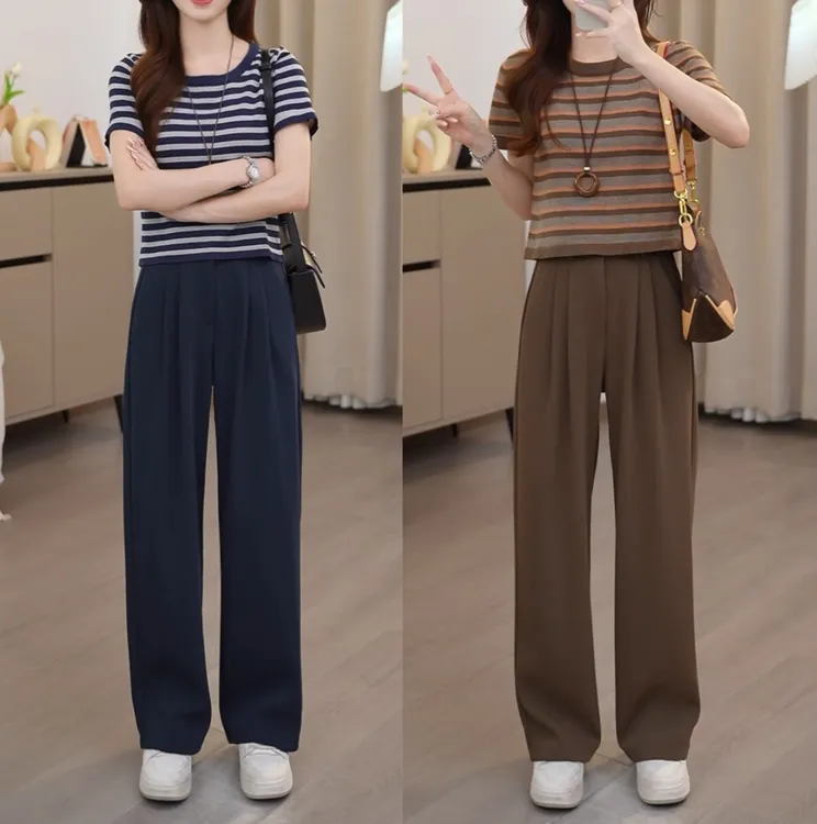 早秋小个子高腰裤子女洋气宽松显瘦垂感直筒休闲半松紧腰阔腿裤