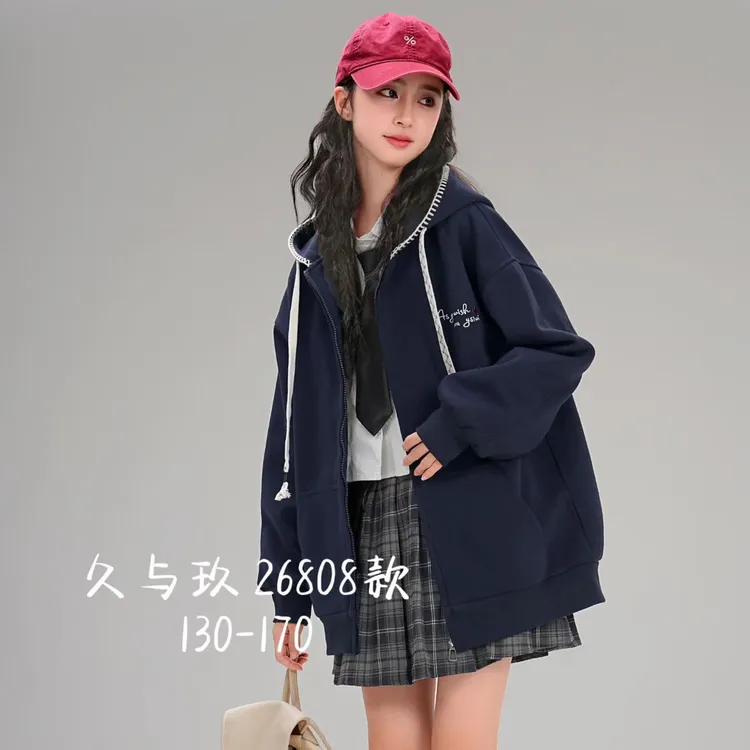 卫衣外套女早秋韩系藏青色拉链连帽开衫慵懒小个子帽衫