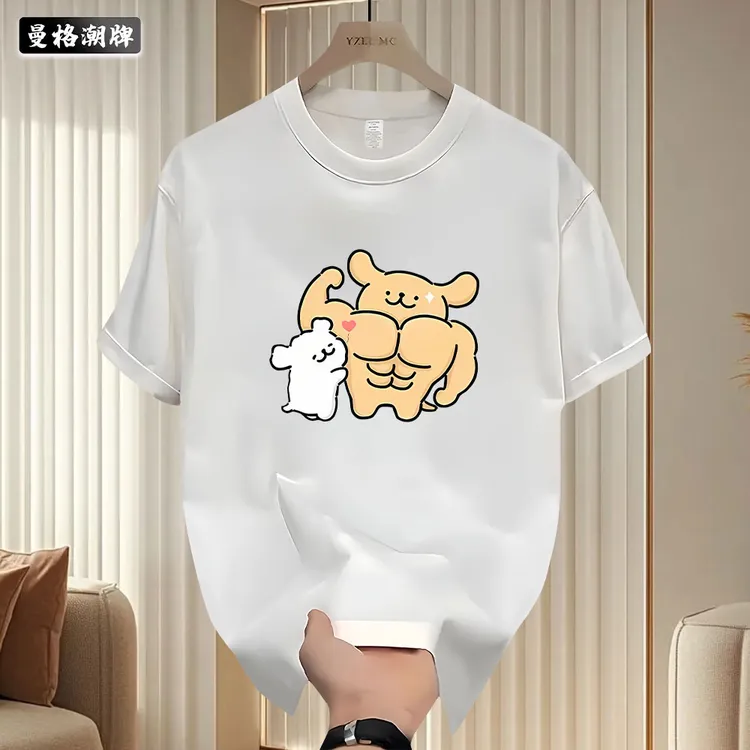 夏季国潮创意线条小狗印花个性男女纯棉设计短袖宽松休闲痞帅上衣