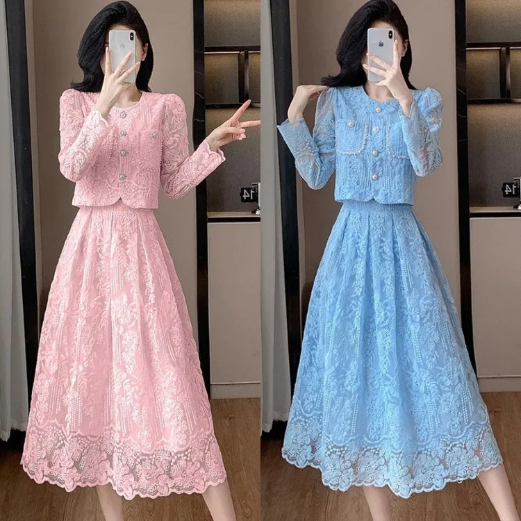 名媛轻奢水溶蕾丝绣花套装裙女2024秋新款时尚短外套半身裙两件套