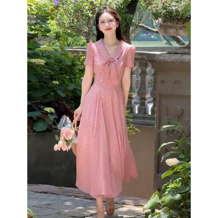 LILI【少女日记】法式茶歇甜美风蝴蝶结修身长裙精致波点连衣裙女装