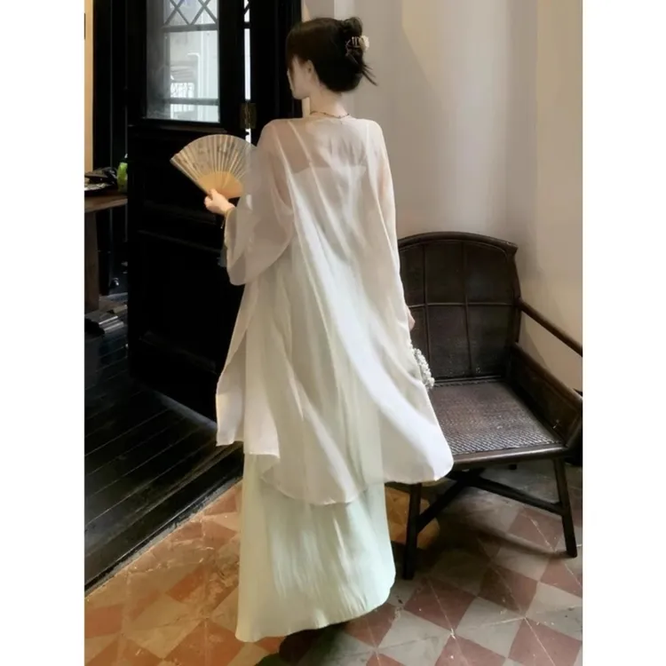 新中式冰丝防晒开衫女夏国风中长款长袖披肩薄纱微透旗袍外搭上衣