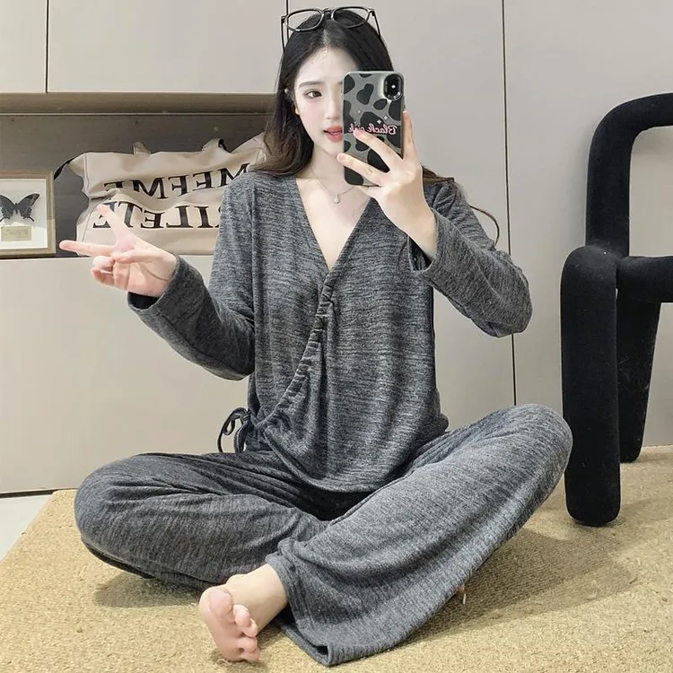 睡衣女春秋季长袖长裤和服韩版时尚纯欲风网红冬天保暖系带家居服