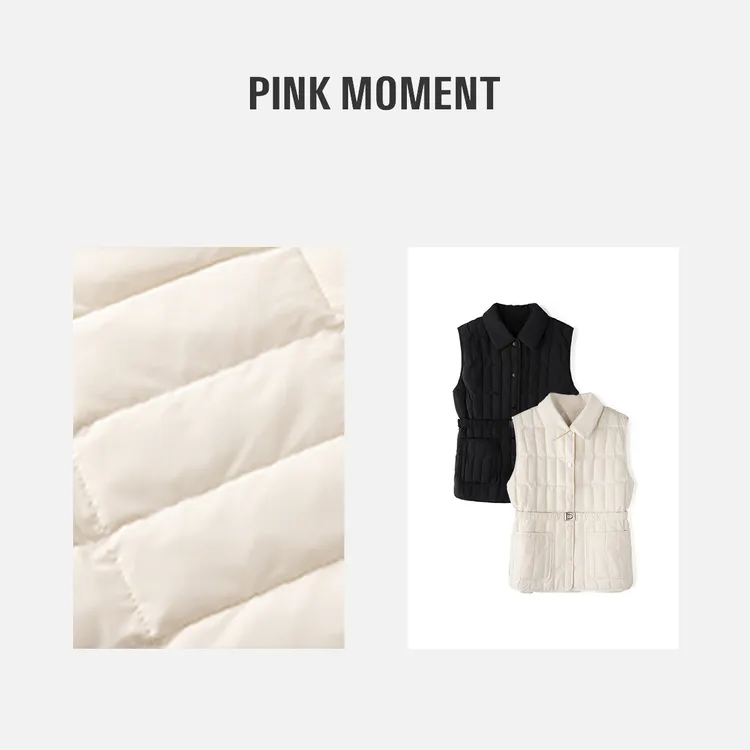 PM王囡囡 黑/米白色翻领排扣大口袋羽绒马甲（带腰带） ND1D1840