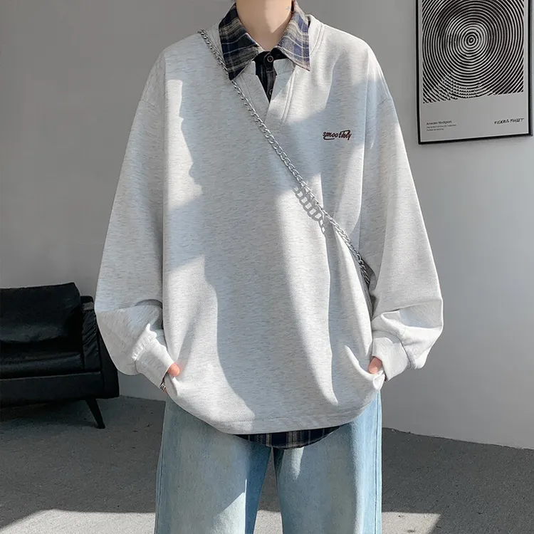 假两件衬衫领卫衣男美式复古轻熟风Polo衫春季特大码拼接长袖T恤