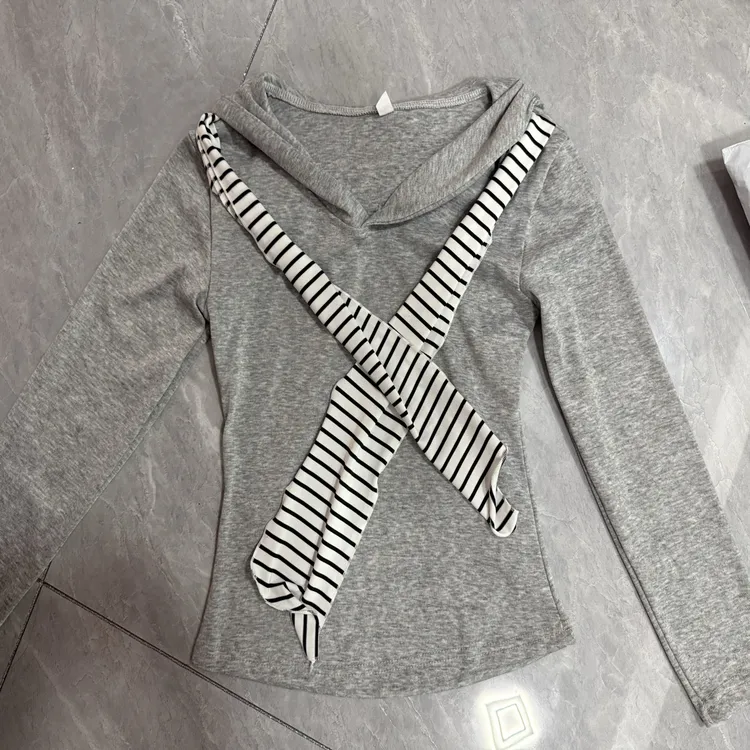 女童新款带披肩海军领纯欲风针织女条纹长袖T恤运动春秋套头带帽