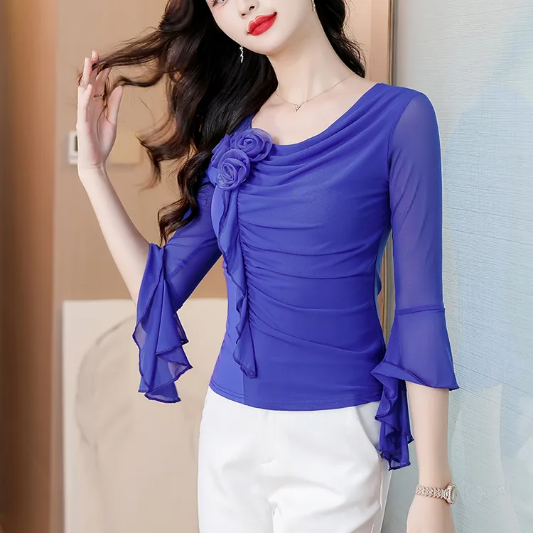 女士斜V领玫瑰网纱上衣气质小众不撞款独特超好看单穿别致小衫T恤