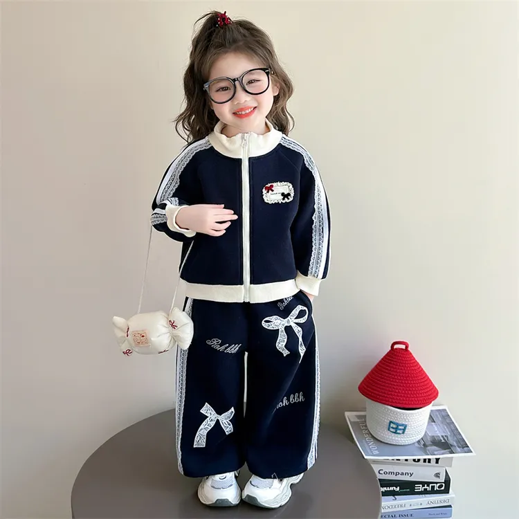 中小童秋季洋气蕾丝蝴蝶结套装2025新款儿童时尚女宝宝休闲两件套
