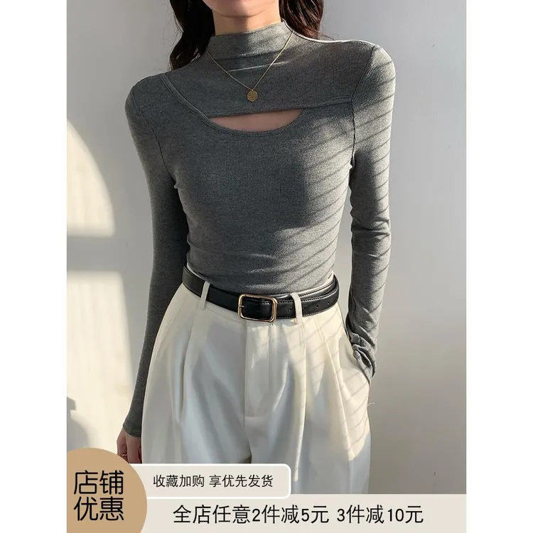 灰色半高领打底衫女内搭镂空秋冬季2025新款洋气螺纹针织长袖上衣