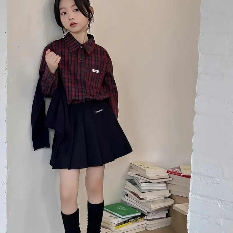 女童披肩格子衬衫百褶裙套装2025新款春秋JK针织海军领外套半身裙