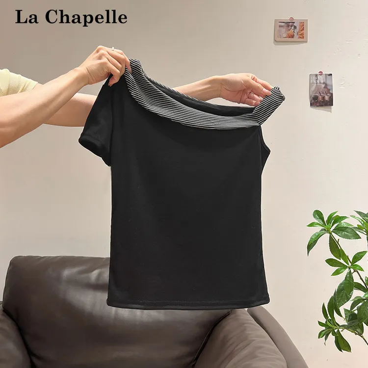 拉夏贝尔韩系辣妹撞色条纹斜肩短袖T恤女夏季超漂亮修身显瘦上衣