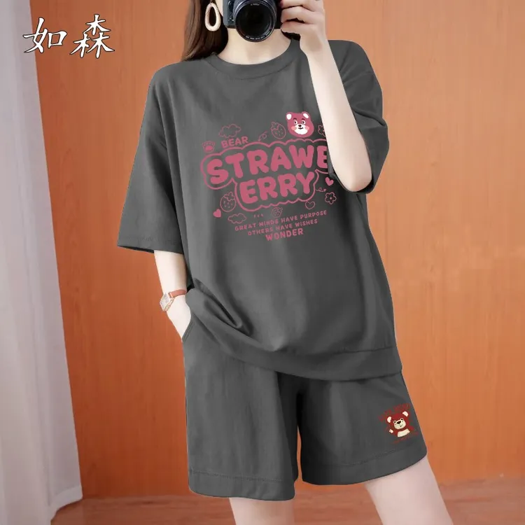 卡通短袖短裤套装女大码2025新款贵系减龄休闲运动两件套夏装圆领