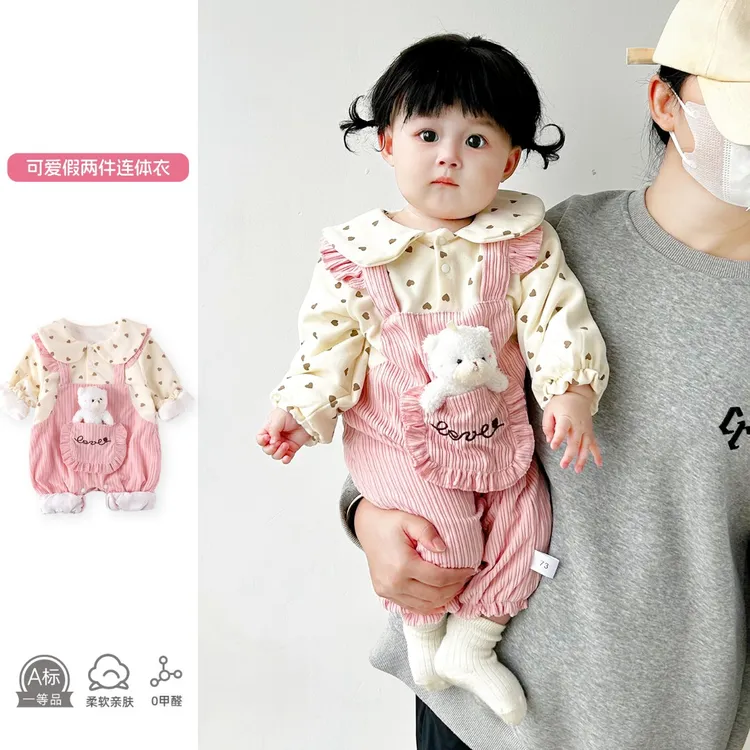 婴儿连体衣秋装女宝宝衣服超萌可爱双层假两件公主哈衣春秋外出服