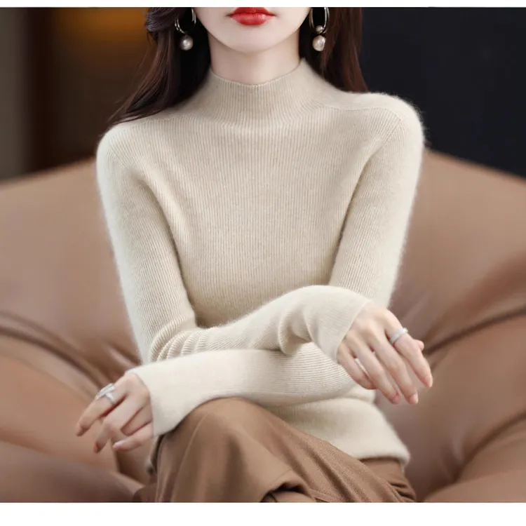 纯羊毛衫女士半高领打底衫女纯色内搭修身毛衣秋冬新款抽条针织衫