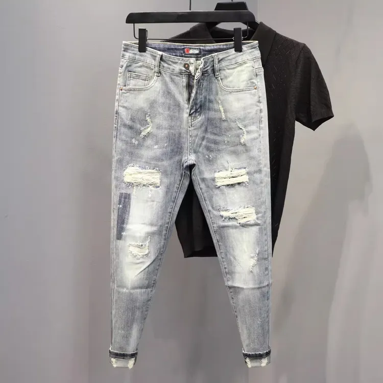 浅色水洗牛仔裤男士修身小脚裤破洞休闲潮牌裤子弹力潮流长裤子男