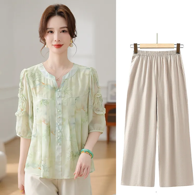 妈妈夏装洋气减龄雪纺小衫新款中老年女国风春夏时尚T恤上衣套装