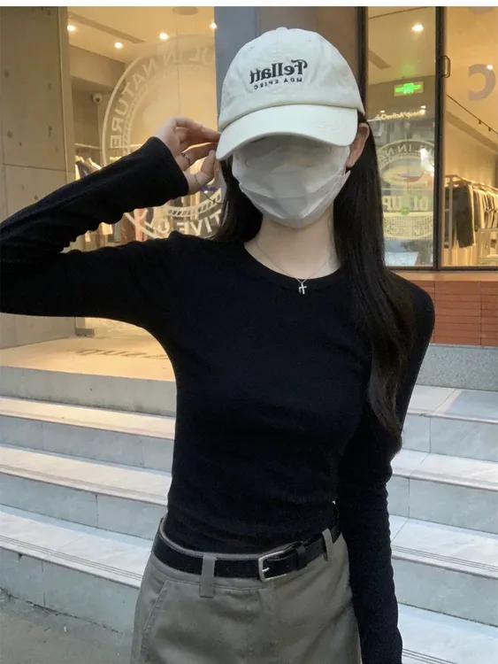 秋季气质辣妹风修身长袖季新款收腰显瘦百搭打底衫圆领纯色上衣女