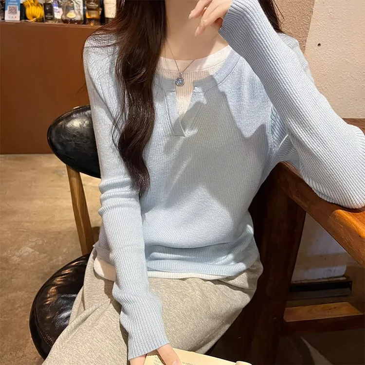纯欲风蓝色慵懒针织打底衫女春秋新款假两件拼接宽松显瘦内搭上衣