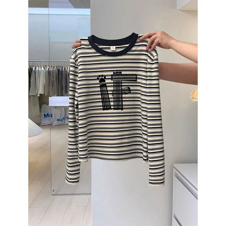 2025新款早秋季上新条纹长袖t恤女领口拼色小众设计感上衣打底衫