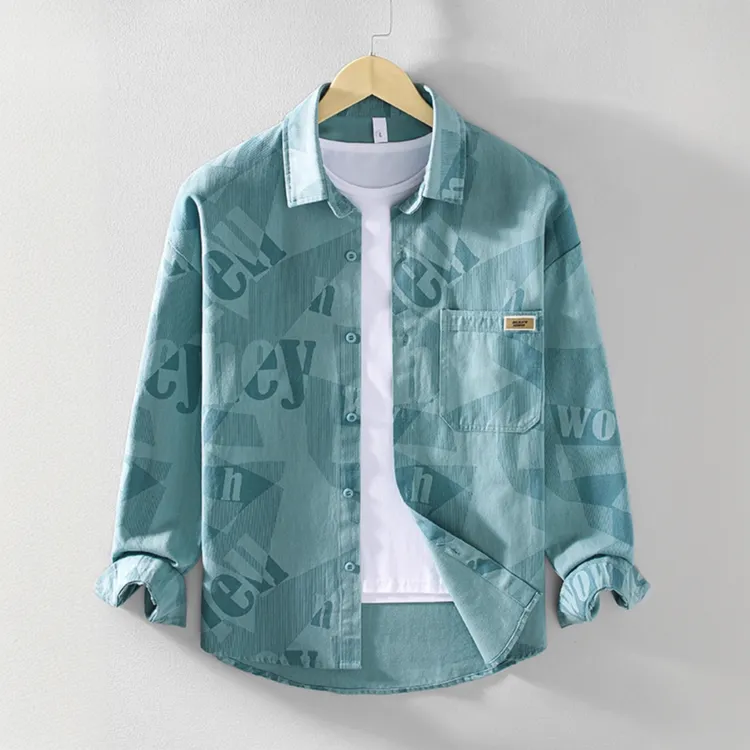 肯珀蒂韦KEMPOTIWON长袖衬衫男春季新款潮流字母印花休闲百搭衬衣
