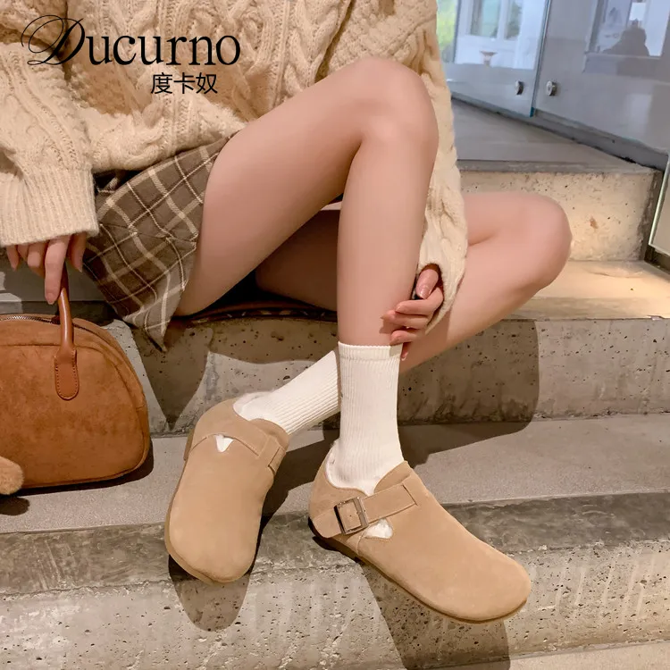 DUCURNO皮带扣圆头平底加绒勃肯鞋女冬季保暖棉鞋舒适真皮平底鞋