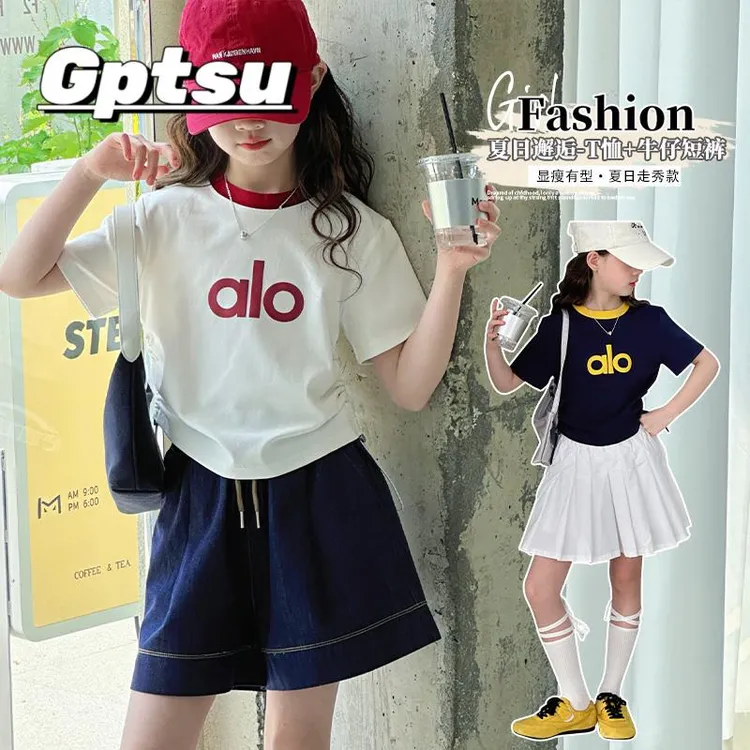 GPTSu女童T恤套装夏季韩版女孩短袖牛仔短裤两件套大童上衣休闲裤