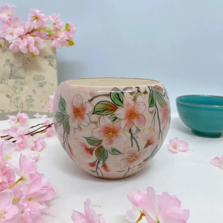 日本清水烧陶葊窑粉色地垂樱手作手绘汤吞杯茶杯