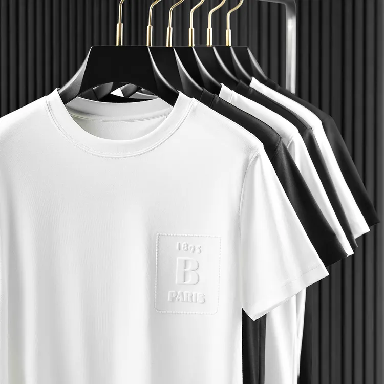 肯梅灵列高端纯色莫代尔液态水柔棉立体压胶男士液氨圆领短袖t恤