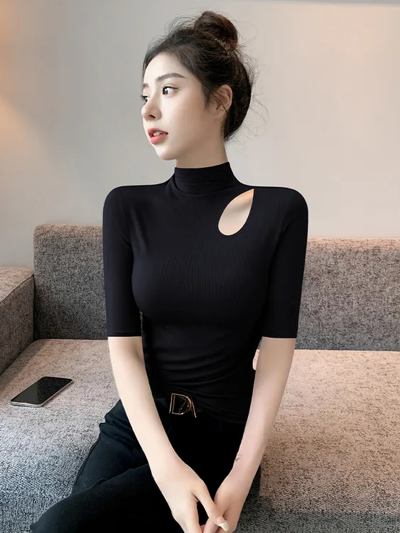 半高领黑色中袖t恤女2025新款洋气镂空打底衫秋冬百搭上衣内搭