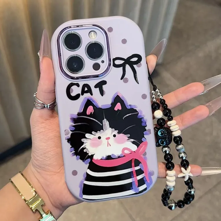 GGBond紫色潦草黑猫挂链适用苹果17胖子16手机壳华为oppo小米vivo