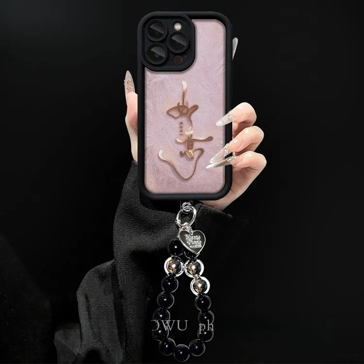 黑色如意适用苹果17PROMAX天眼羊皮手机壳华为oppo手链vivo小米