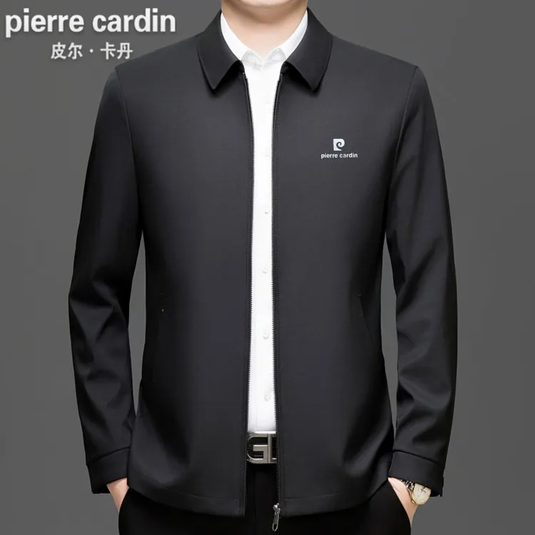 皮尔卡丹翻领春秋季中年男士商务休闲行政夹克宽松薄款纯色外套
