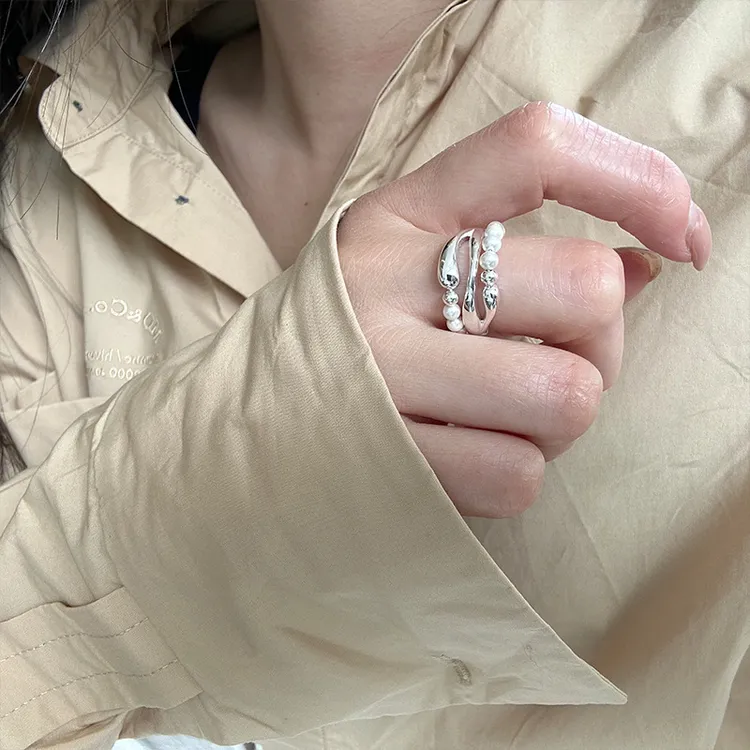 925银戒指 925纯银不规则多层珍珠圆珠戒指女简约时尚小众设计