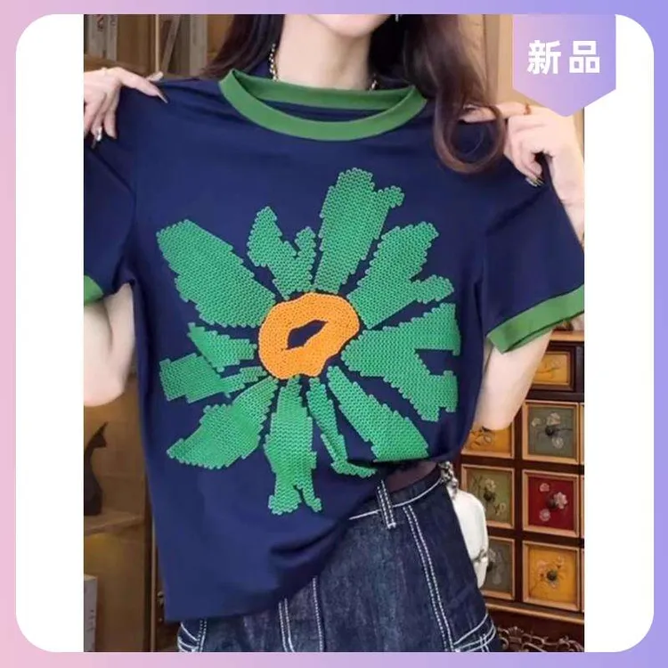 时尚百搭修身女大码洋气撞色欧货夏季正圆领衣服拼接肩女短袖t恤