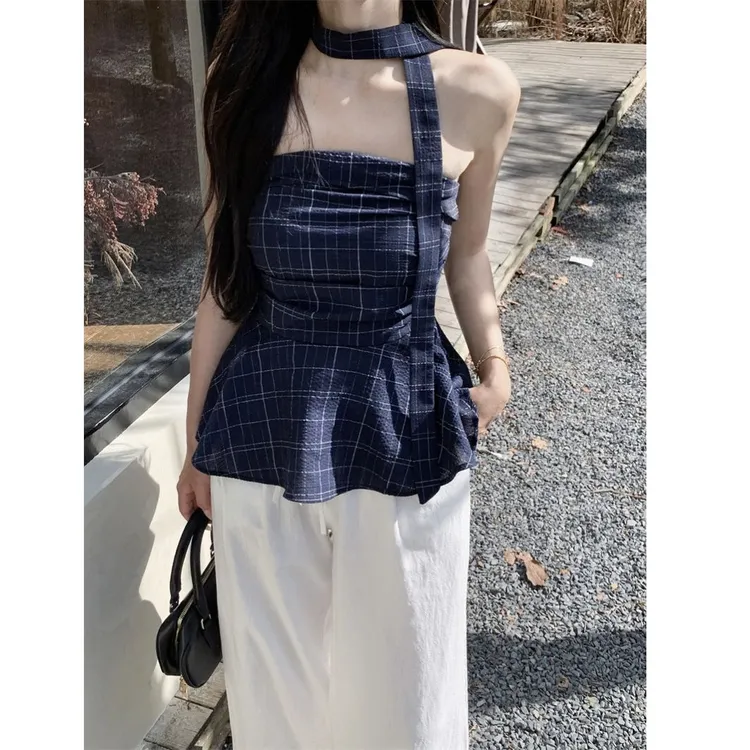 荷叶边露肩修身蓝色显瘦抹胸无袖背心连衣裙女夏季小众短款格子裙